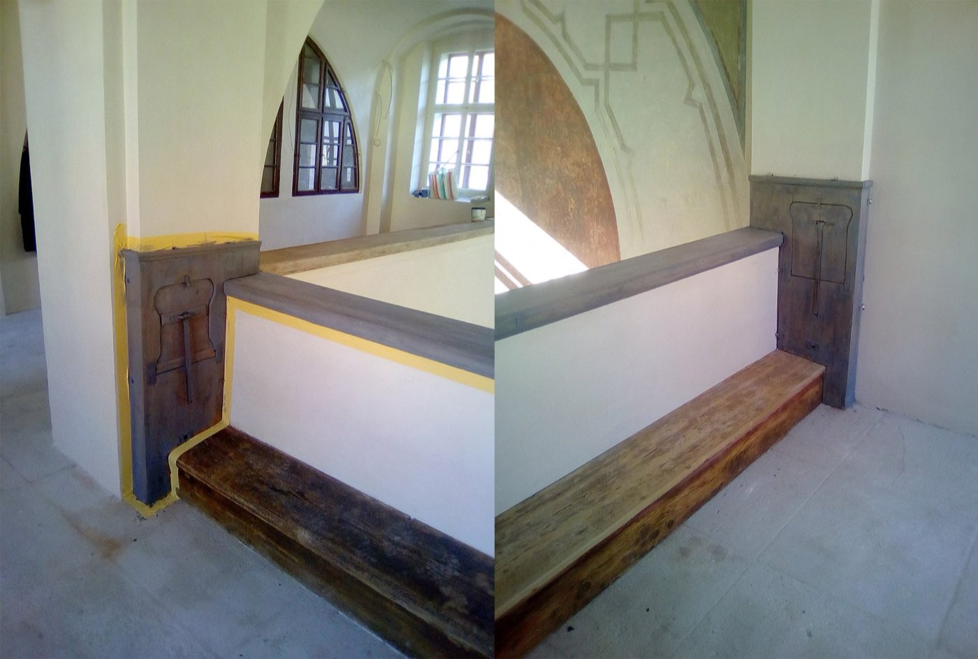 Osazené dřevěné vybavení kaple Trauttmannsdorfského paláce po restaurování